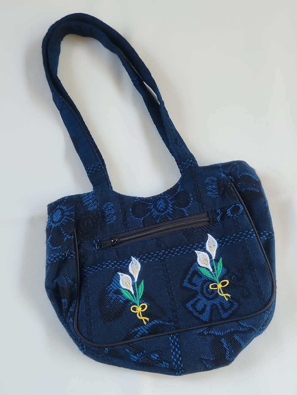 Navy Floral Embroidered Shoulder Bag